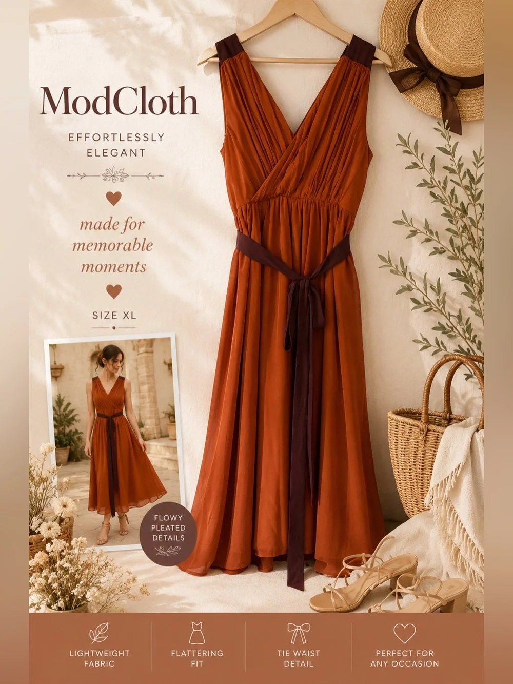 Modcloth Dresses | Modcloth Womens Xl Rust Orange Pleated Midi Dress Sleeveless Tie Waist Boho | Color: Orange | Size: Xl | Pm-17853244's Closet